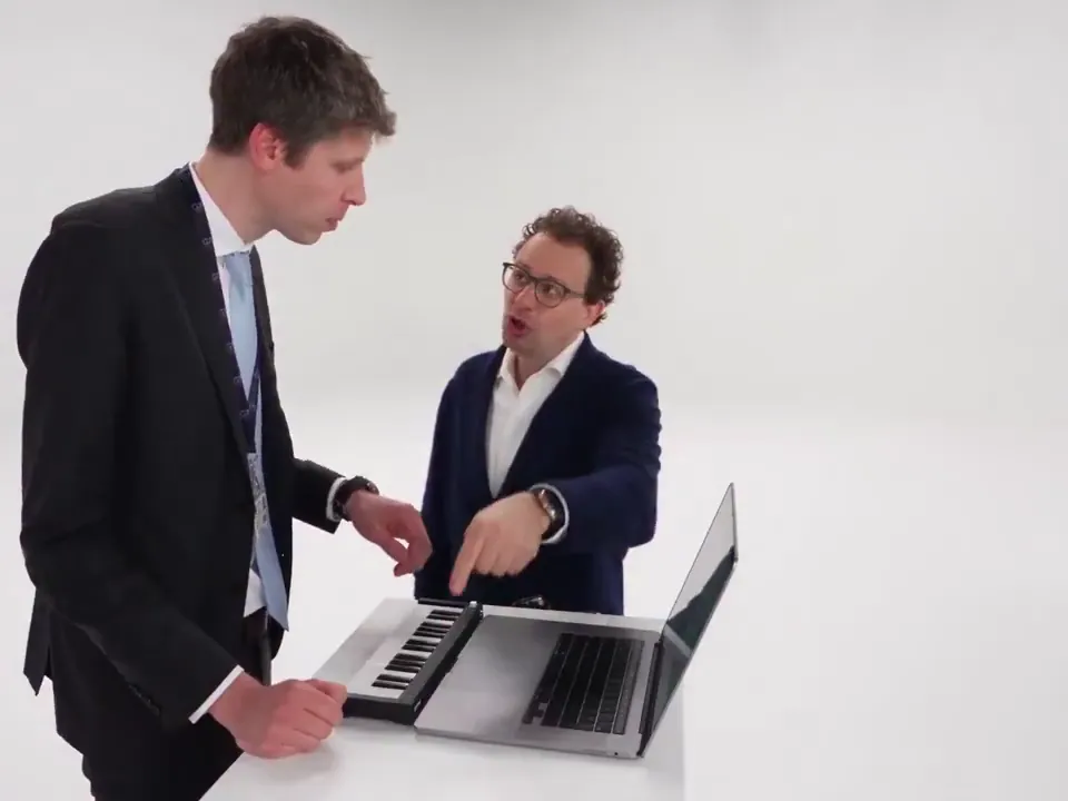 Two men in business suits, one wearing a lanyard badge, working the mini keyboard and laptop together